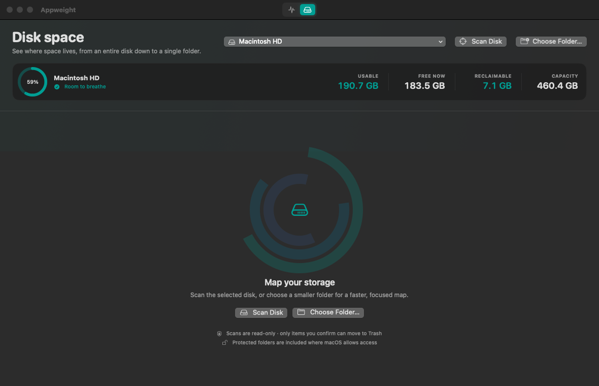 Appweight Disk Space view showing connected disks and storage capacity