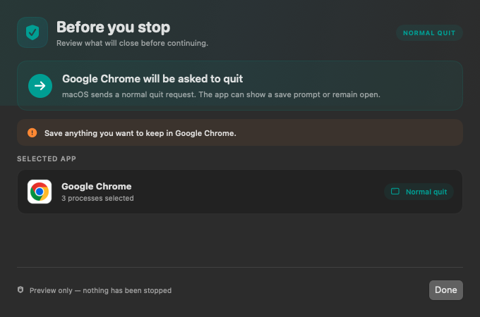 Appweight stop preview explaining a normal quit request for Chrome with a reminder to save work