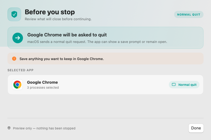 Appweight stop preview explaining a normal quit request for Chrome with a reminder to save work