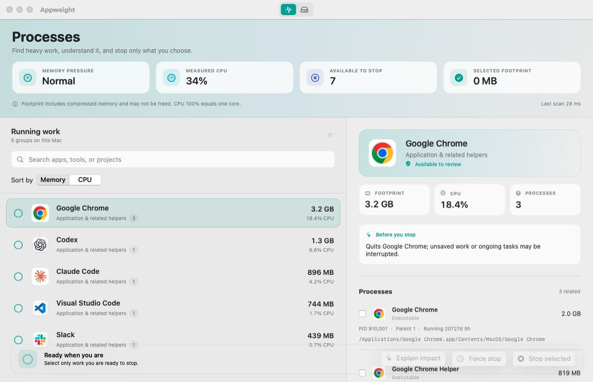 Appweight inspecting Google Chrome and its related processes